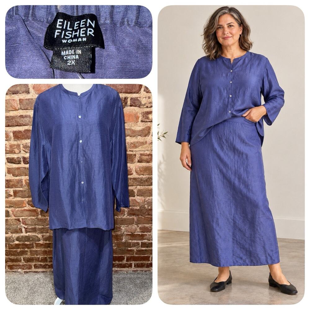 Eileen Fisher NWT Tunic Skirt Set Sz 2X Silk Linen Purple Concord Luxury NEW